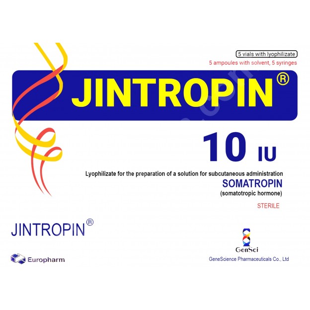 Jintropin 50 IU (5 vials of 10 IU +5 water+5syringes) by GeneScience Pharmaceuticals